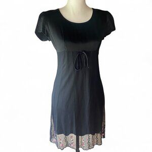 VTG 90s black gauzy floral embroidery babydoll mini dress whimsigoth Y2K grunge